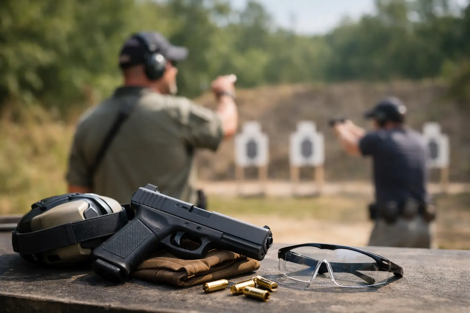 People practicing shooting at outdoor range.
