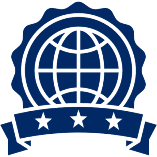 Blue globe emblem with banner and three stars